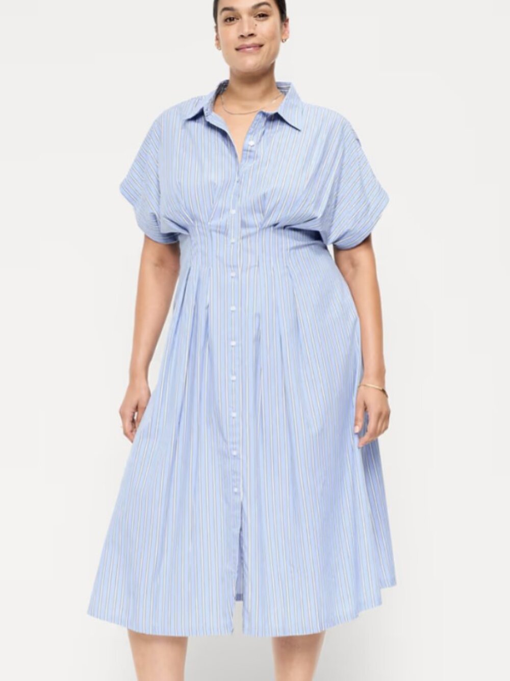Old Navy 2X Midi Shirt Dress Classic Modern Pintuck-Waist White & Blue Stripe